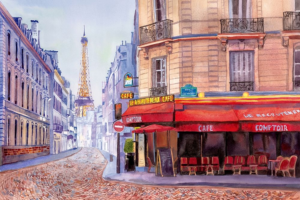 Wall Art Painting id:270540, Name: Paris Cafe w/Eiffel, Artist: Bannarot
