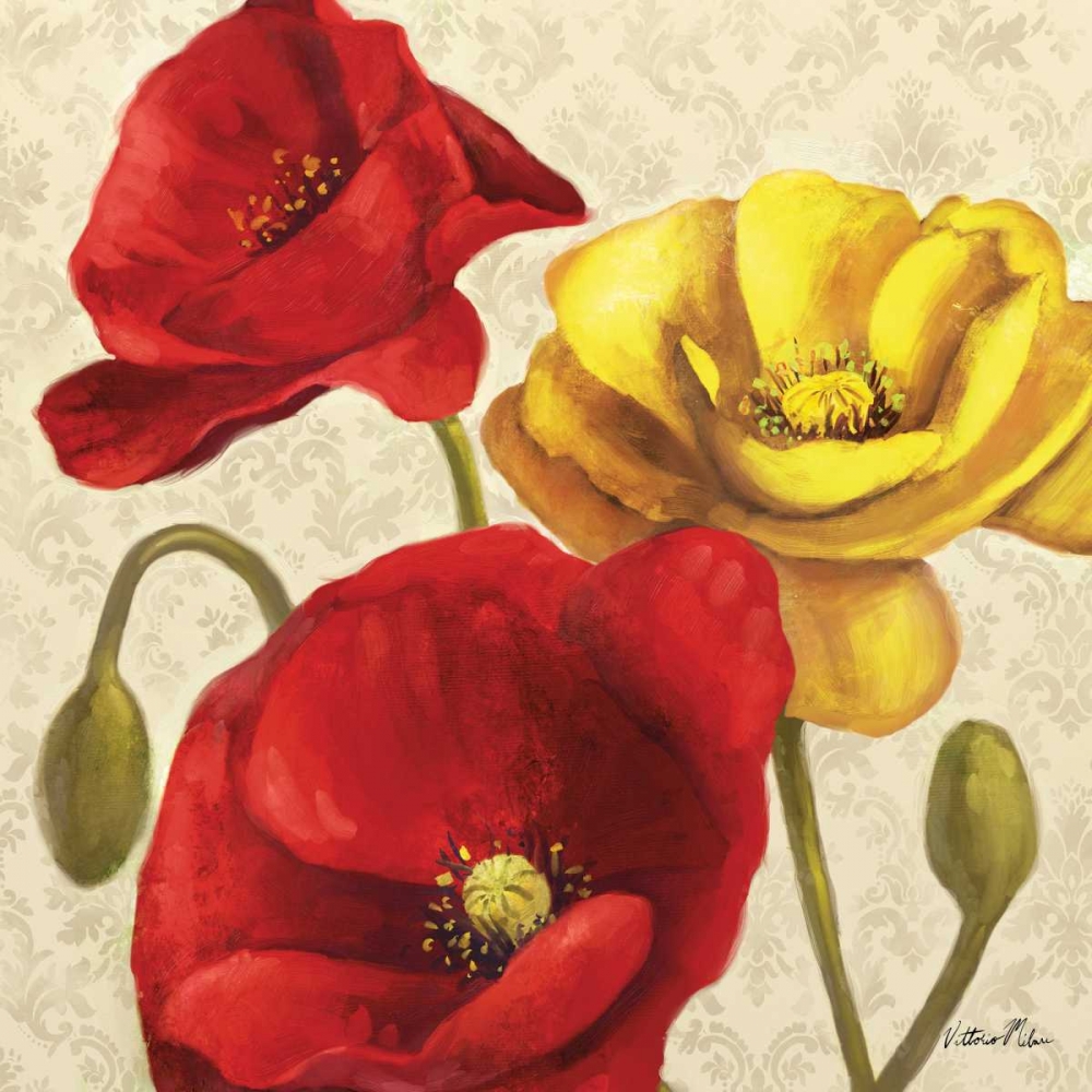 Wall Art Painting id:70167, Name: Red and Yellow Poppy Damask II, Artist: Milan, Vittorio