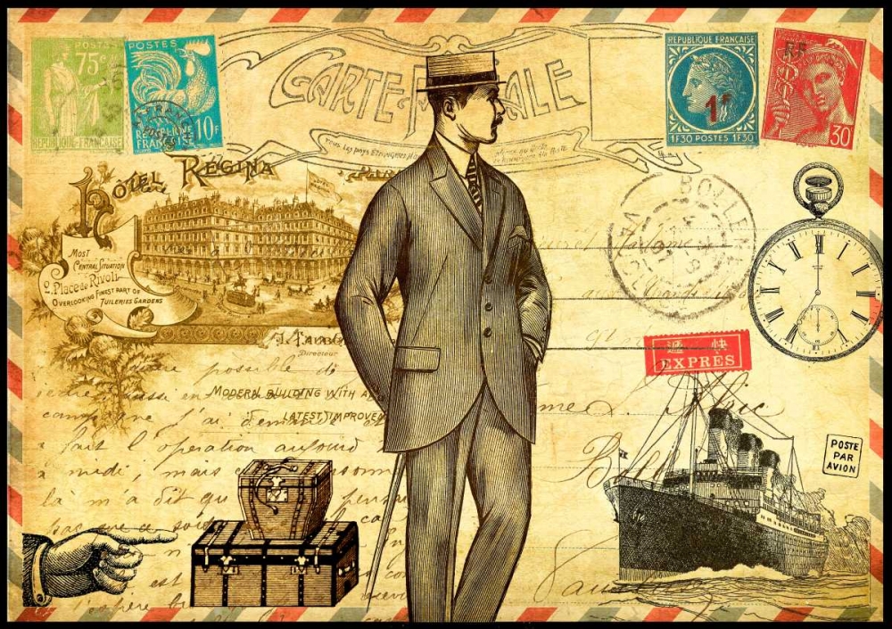 Wall Art Painting id:61943, Name: Vintage Paris Postcard Monsieur, Artist: De Lauzun, Marion 