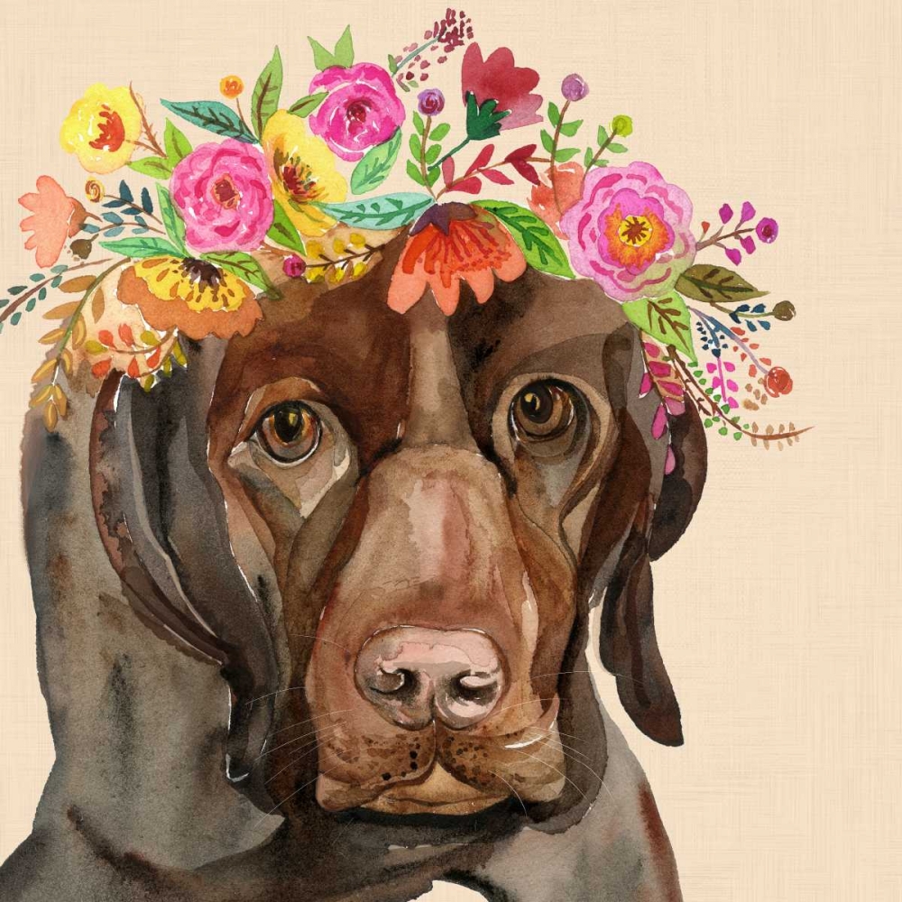 Wall art: Dog with a wreath of colorful blossoms I, by Jing, Jin