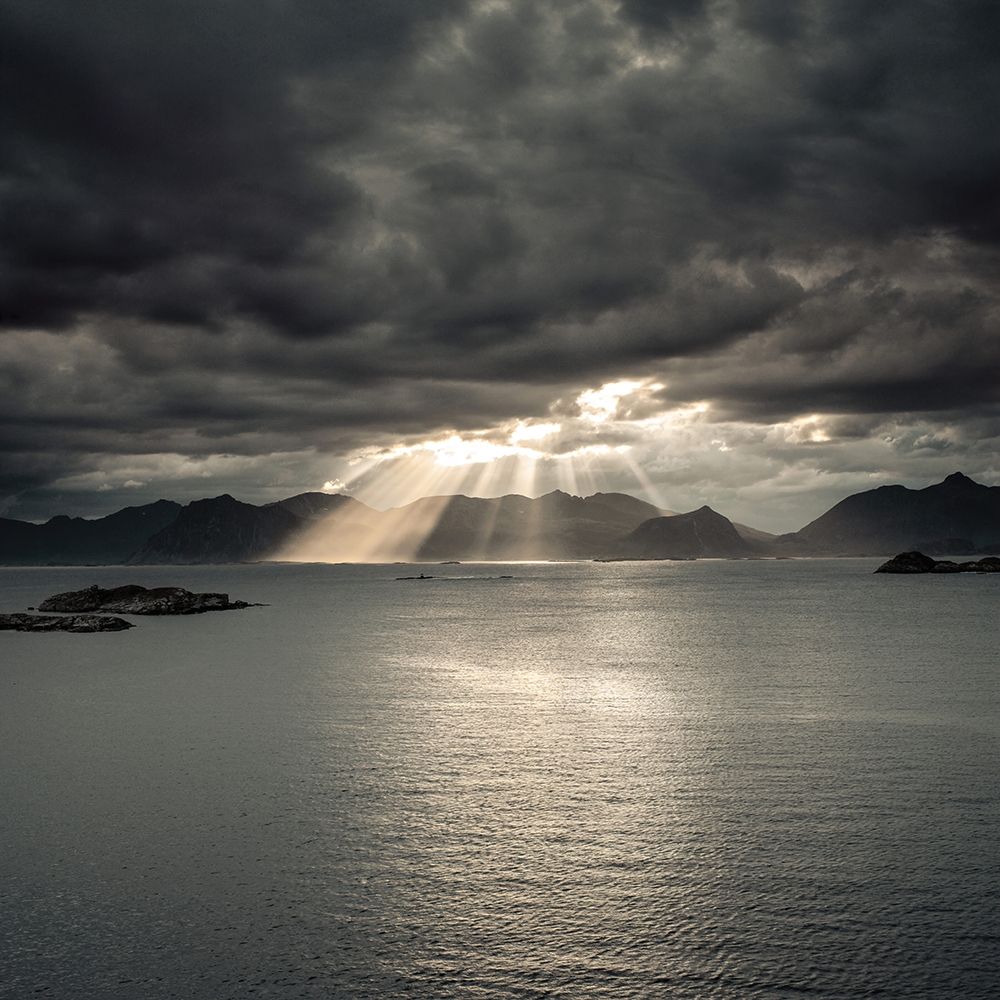 Art Print: Sunset of Norwegian fjord-Lofoten-Norway