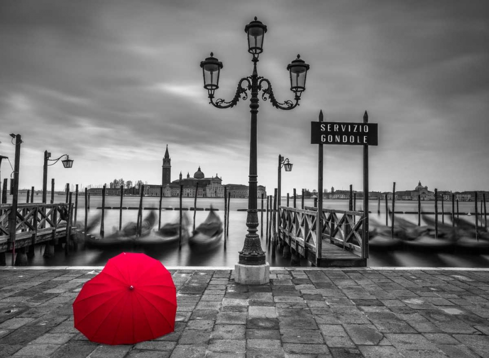 Wall Art Painting id:103443, Name: Heart shaped umbrella next to lamp post at Gondola hiring point, Venice, Italy, Artist: Frank, Assaf