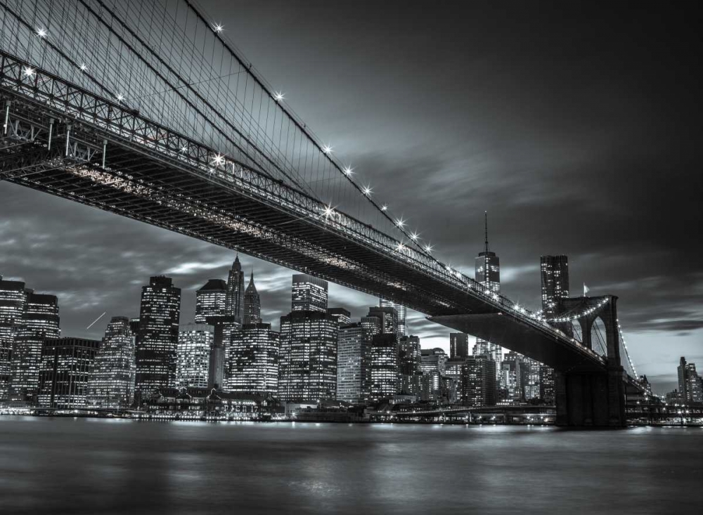 Art Print: Brooklyn Bridge and lower Manhattan skyline at dusk, New York