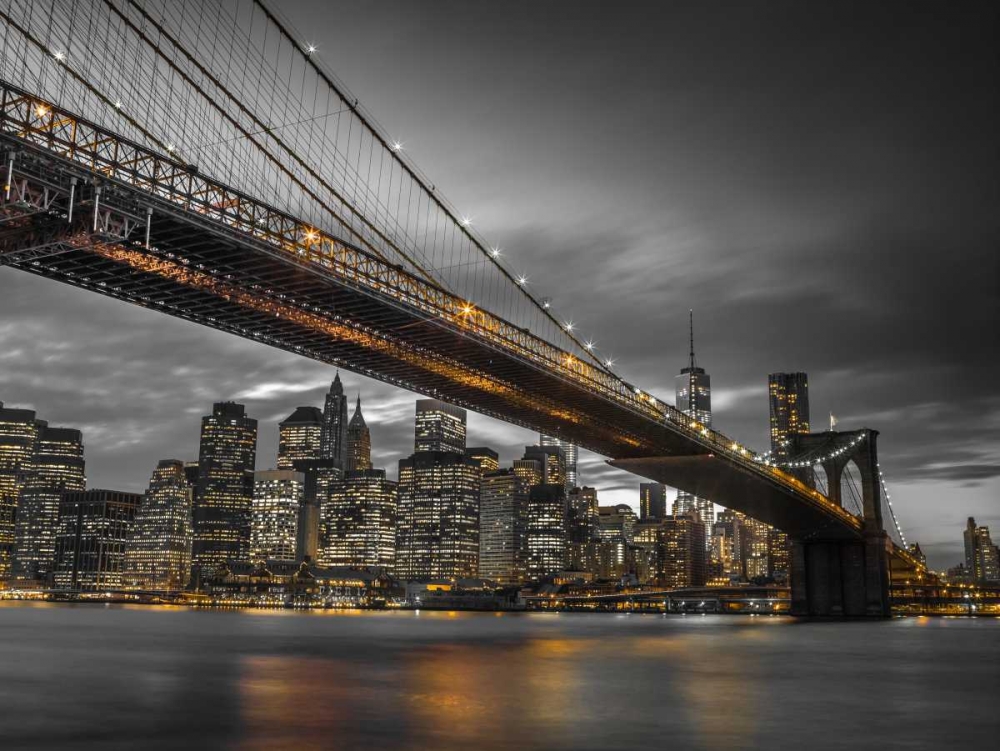 Art Print: Brooklyn Bridge and lower Manhattan skyline at dusk, New York