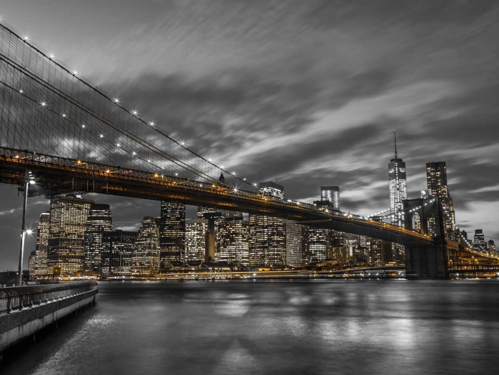 Art Print: Brooklyn Bridge and lower Manhattan skyline at dusk, New York