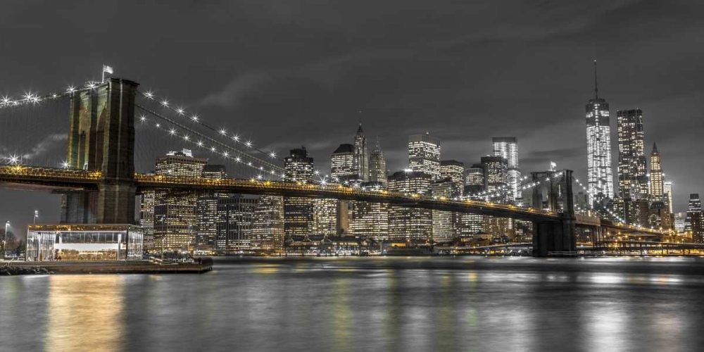 Art Print: Brooklyn Bridge and lower Manhattan skyline at dusk, New York