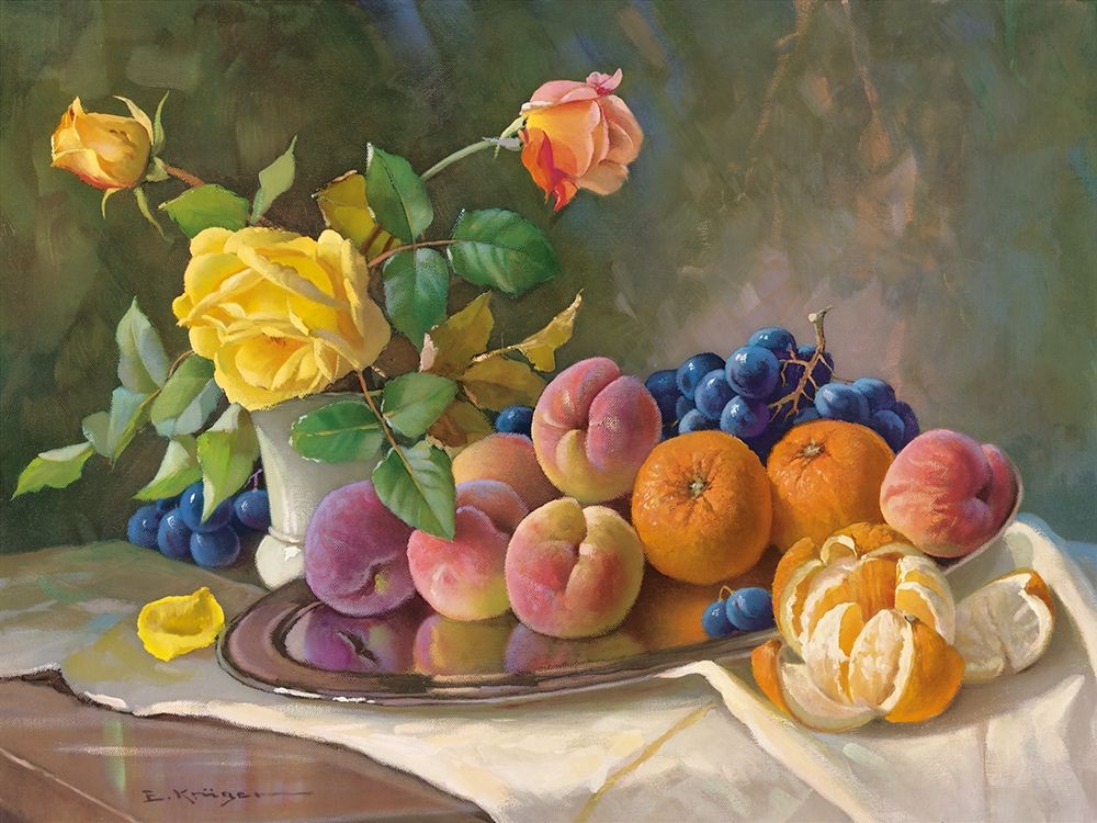 Wall Art Painting id:248198, Name: YELLOW ROSE AND FRUITS, Artist: Krueger, E.