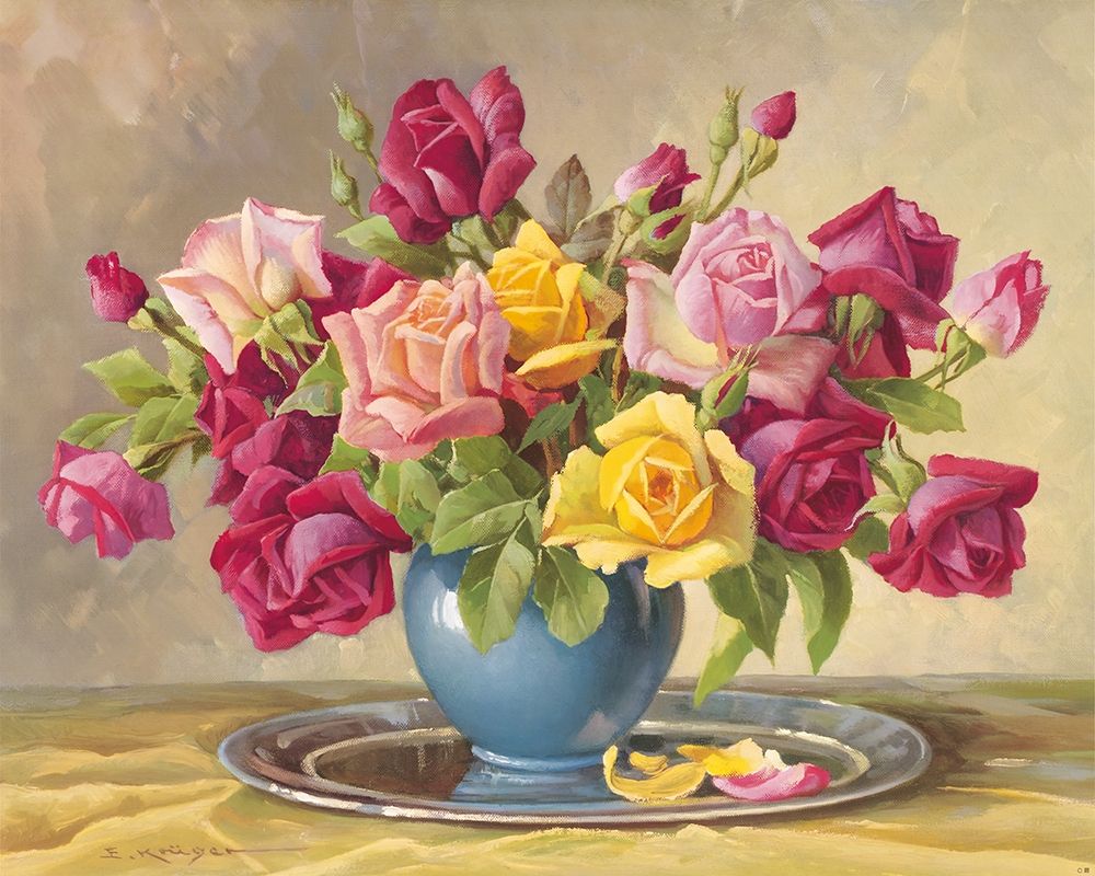 Wall Art Painting id:248194, Name: ROSES IN A BLUE VASE, Artist: Krueger, E.