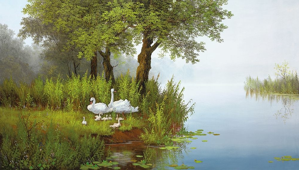 Art Print: SWANS AT THE POND I