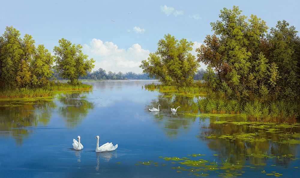 Art Print: RIVER WITH SWANS I