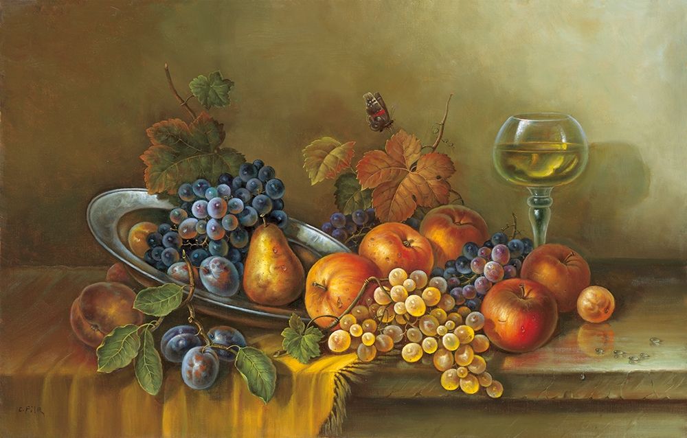 Wall Art Painting id:248340, Name: FRUITS AND A GLASS OF WINE, Artist: Pila