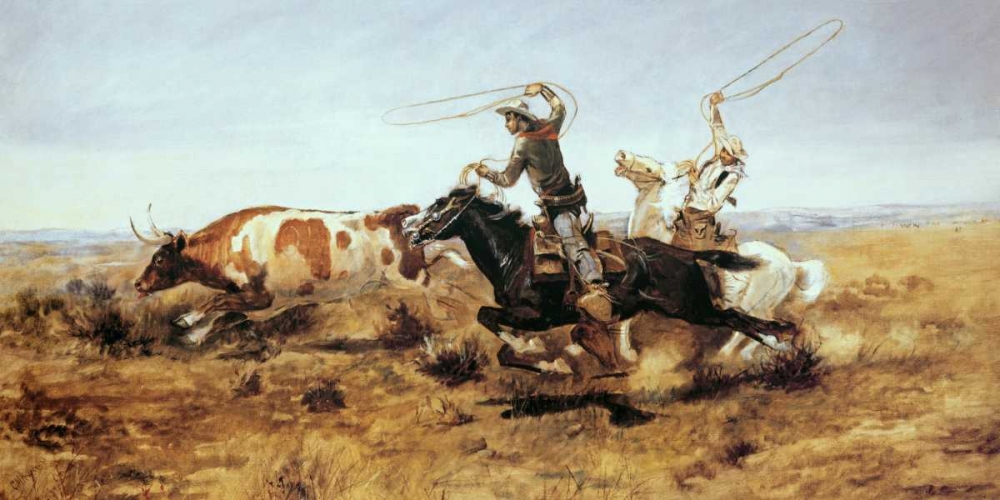 Wall Art Painting id:93567, Name: O. H. Cowboys Roping a Steer, Artist: Russell, Charles M.