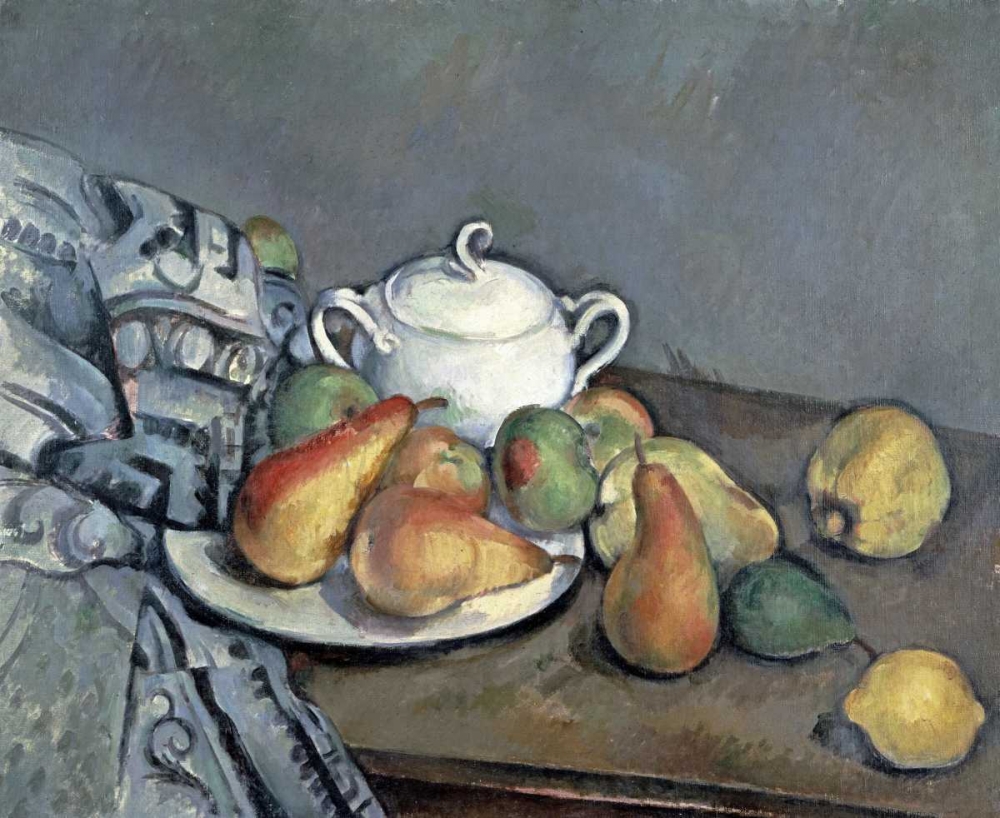 Wall Art Painting id:88802, Name: Sugar Bowl, Pears and Curtain, Artist: Cezanne, Paul