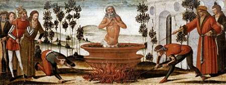 Wall Art Painting id:184799, Name: Saint John The Evangelist In a Vat of Boiling Oil: a Predella Panel, Artist: Di Giovanni, Benvenuto