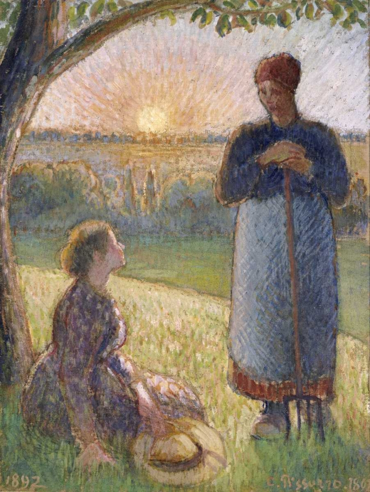 Art Print: Country Women Chatting, Sunset, Eragny