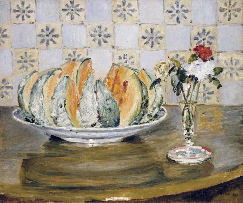 Wall Art Painting id:89167, Name: Still Life of a Melon and a Vase of Flowers, Artist: Renoir, Pierre-Auguste