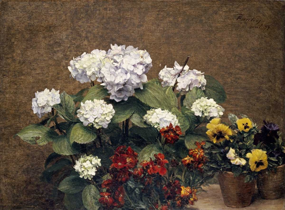 Art Print: Hydrangeas, Wallflowers and Two Pots of Pansies