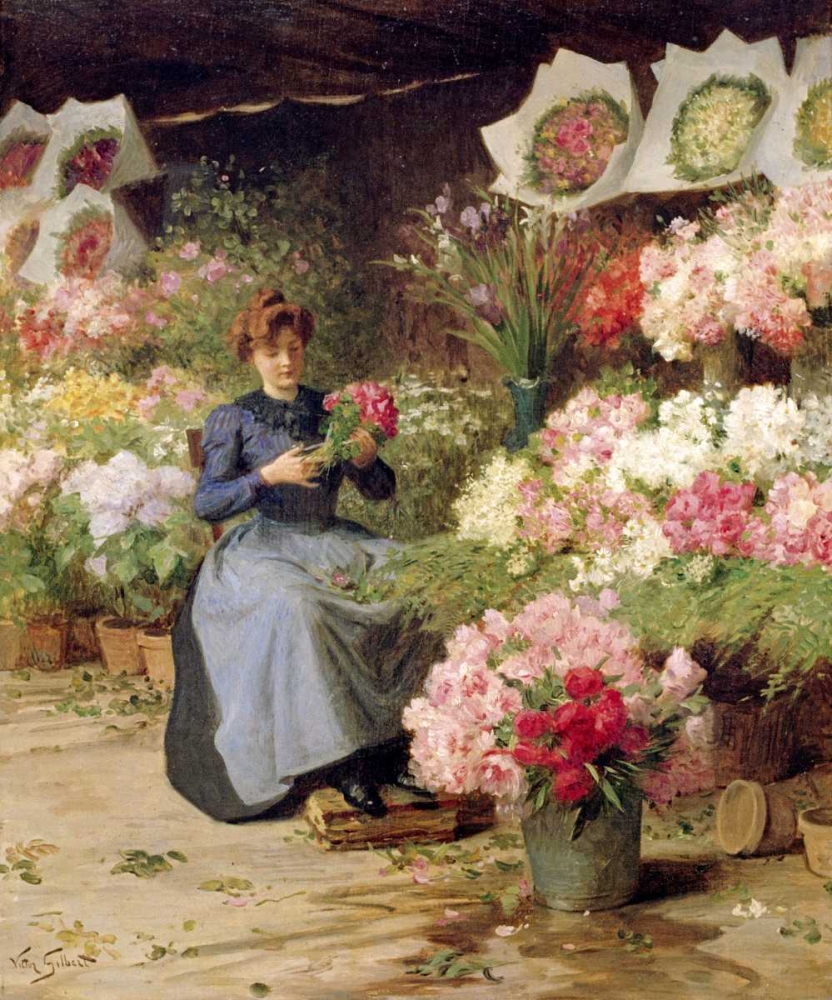 Wall Art Painting id:89595, Name: Flower Seller Behind The Madelaine Church, Artist: Gilbert, Victor