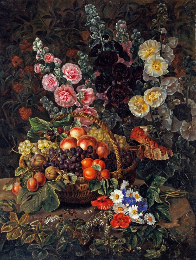 Wall Art Painting id:89698, Name: A Still Life of Flowers and a Basket of Fruit, Artist: Jensen, Johan Laurents