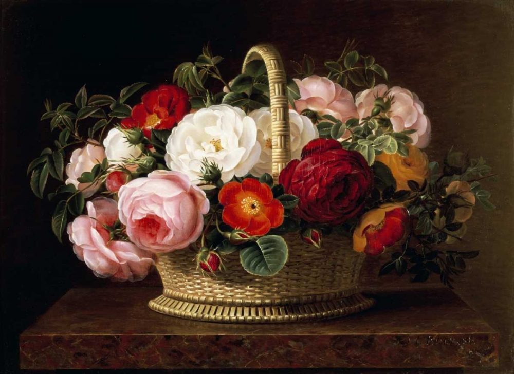 Wall Art Painting id:89700, Name: Roses In a Basket On a Ledge, Artist: Jensen, Johan Laurents