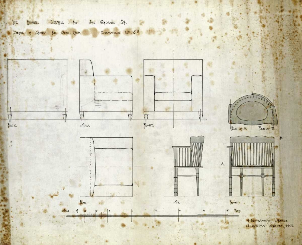 Wall Art Painting id:89784, Name: Designs For An Upholstered Chair, 1909, Artist: Mackintosh, Charles Rennie