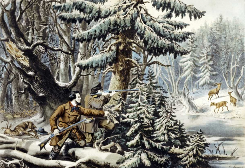 Wall Art Painting id:90299, Name: American Winter Sports - Deer Shooting on The Shattagee, Artist: Currier, Nathaniel