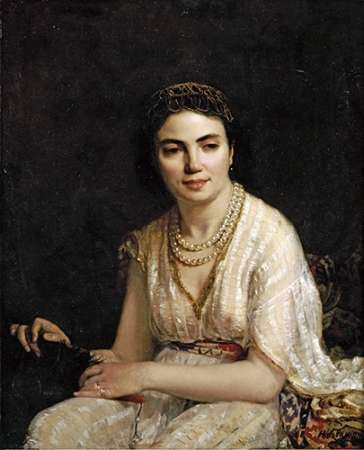 Art Print: Portrait of a Woman Wearing a Pearl Necklace