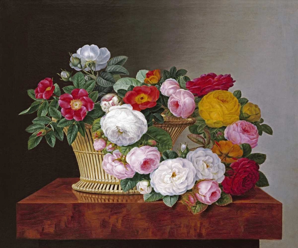 Wall Art Painting id:90434, Name: Still Life of Roses In a Basket on a Ledge, Artist: Jensen, Johan Laurents