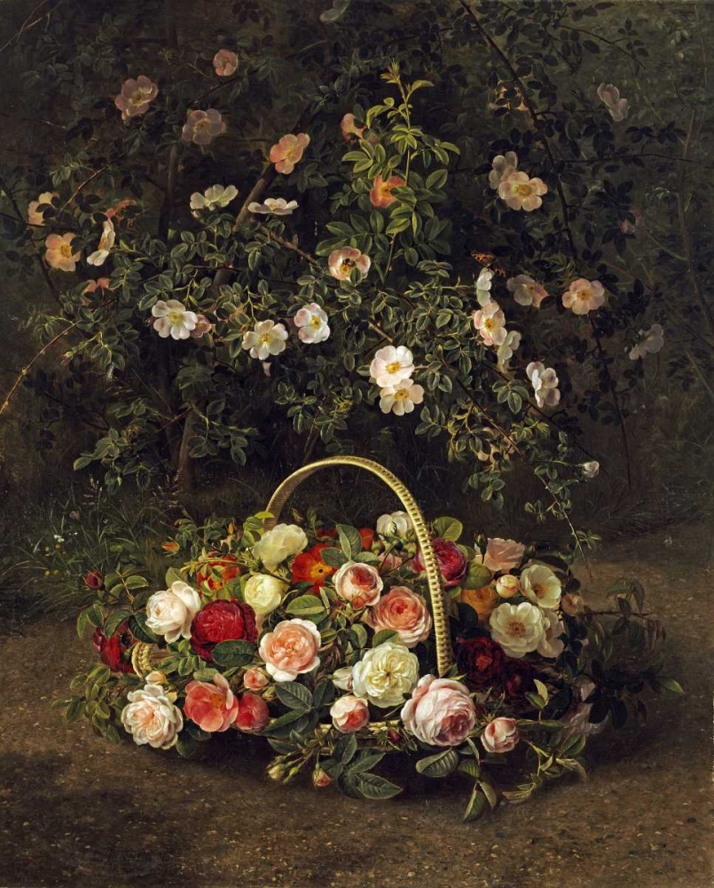 Wall art: Roses In a Basket Beside a Rose Bush, by Jensen, Johan Laurents