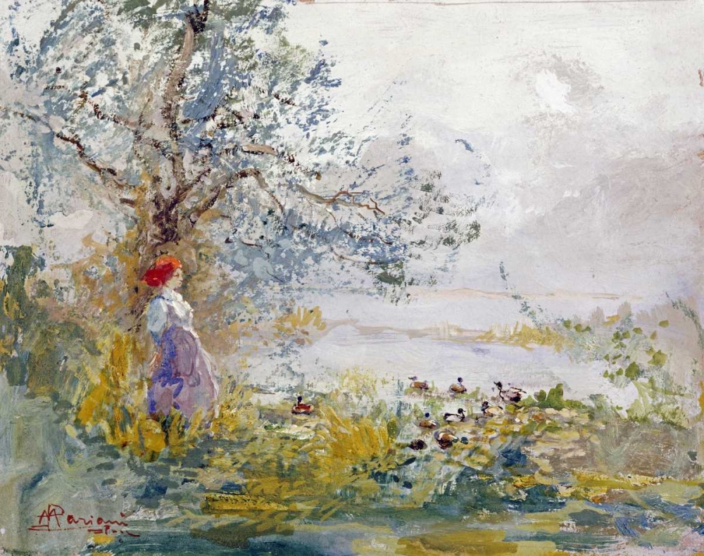 Wall Art Painting id:90483, Name: A Peasant Girl and Ducks, Artist: Mariani, Pompeo