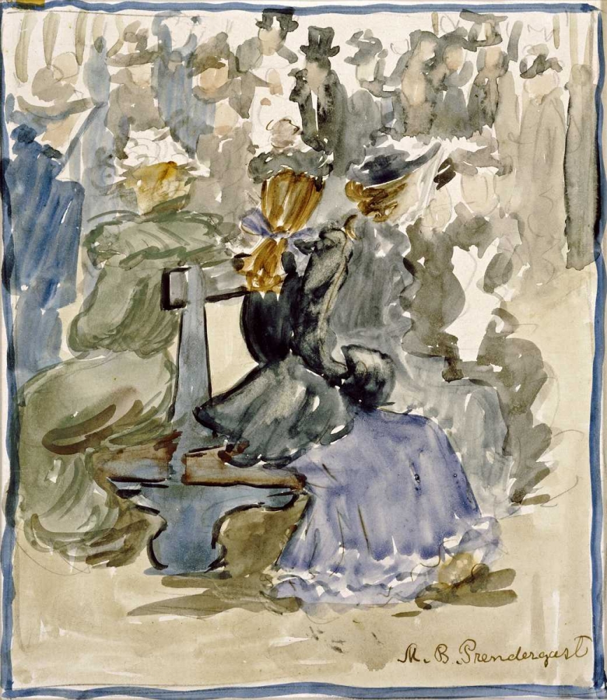 Wall Art Painting id:90558, Name: Ladies Seated on a Bench, Artist: Prendergast, Maurice Brazil