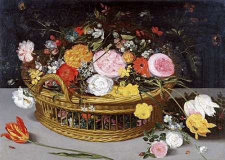 Wall Art Painting id:185907, Name: Roses Tulips, and Other Flowers In a Wicker Basket, Artist: Brueghel, Jan