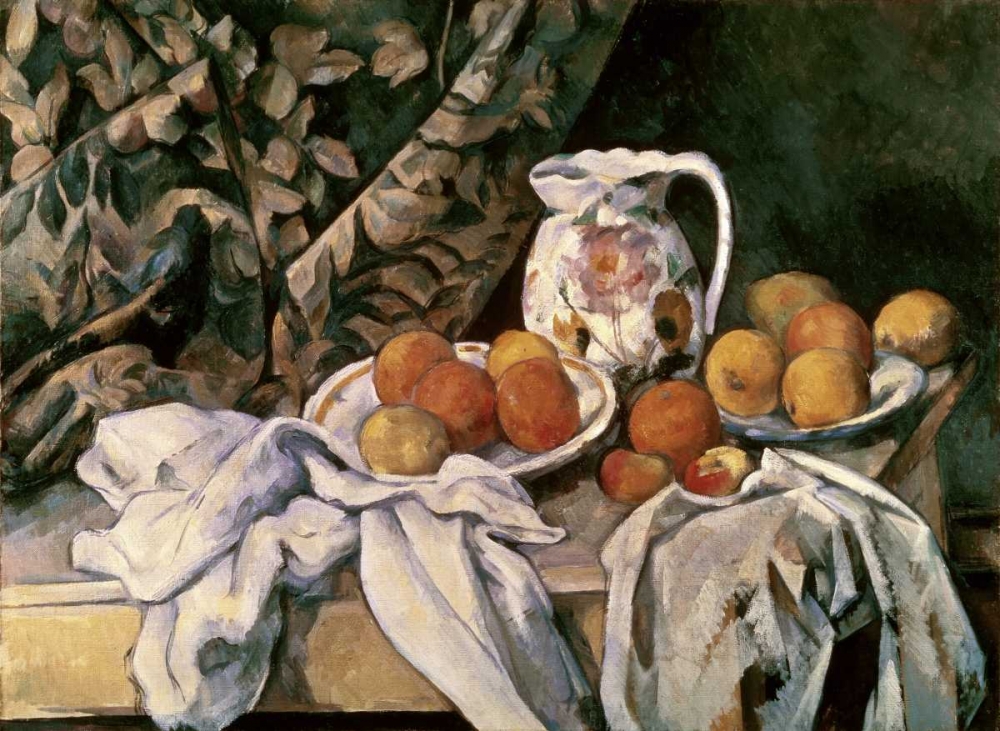 Wall Art Painting id:90830, Name: Curtain, Carafe and Fruit, Artist: Cezanne, Paul