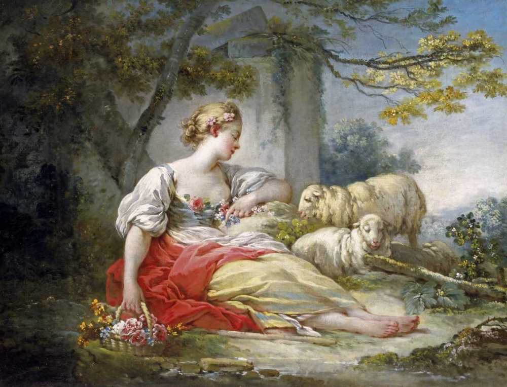 Wall Art Painting id:91034, Name: Shepherdess Seated with Sheep and a Basket of Flowers Near a Ruin in a Wooded Landscape, Artist: Fragonard, Jean Honore