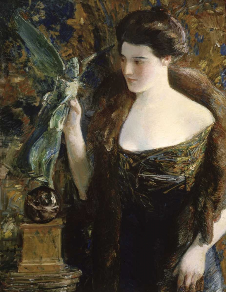 Wall Art Painting id:91140, Name: Young Woman and Statue, Artist: Hassam, Childe