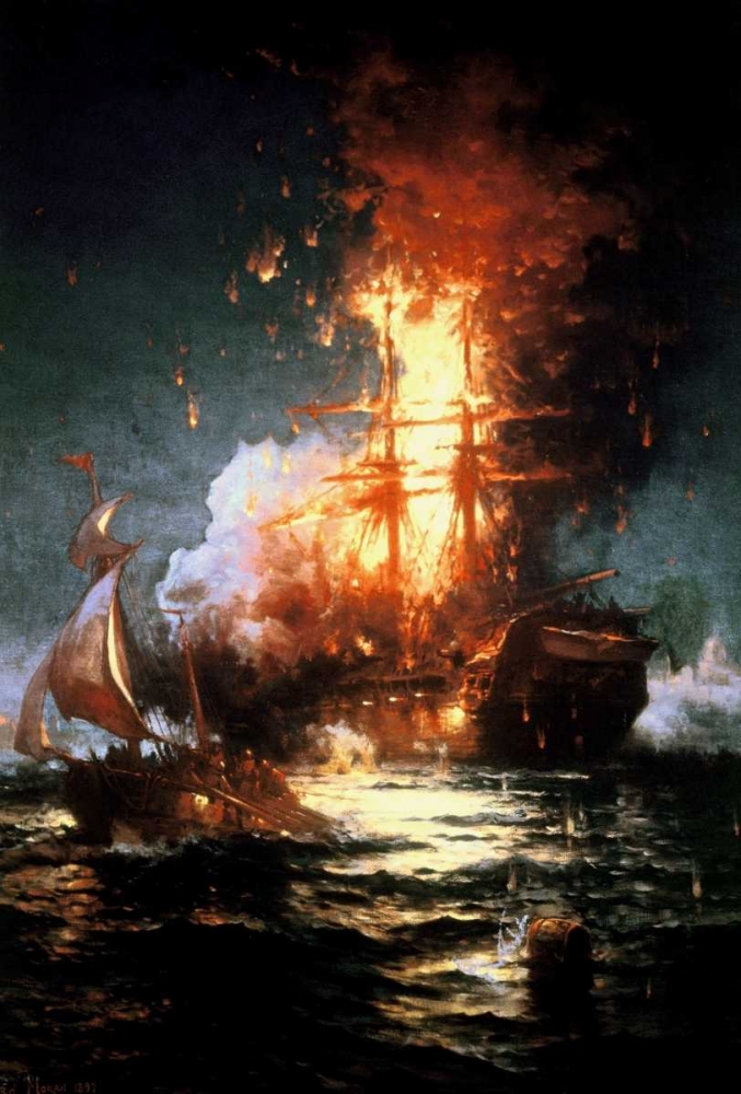 Wall Art Painting id:91378, Name: Burning of the Frigate Philadelphia Tripoli Harbor, Feb 16, 1804, Artist: Moran, Edward