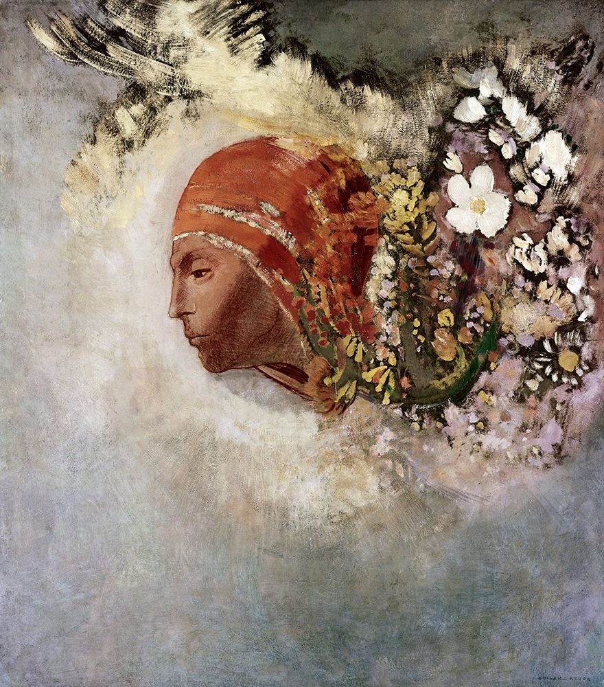 Wall Art Painting id:268443, Name: Head With Flowers, Artist: Redon, Odilon