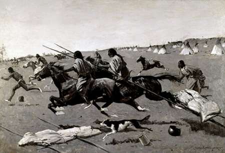 Wall Art Painting id:186405, Name: Indian Village Routed, Geronimo Fleeing From Camp, Artist: Remington, Frederic
