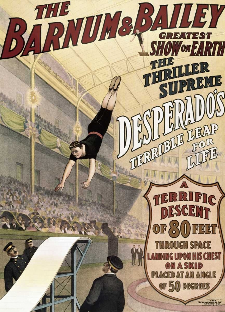 Wall Art Painting id:91707, Name: Barnum and Bailey - Desperados Terrible Leap, Artist: Unknown