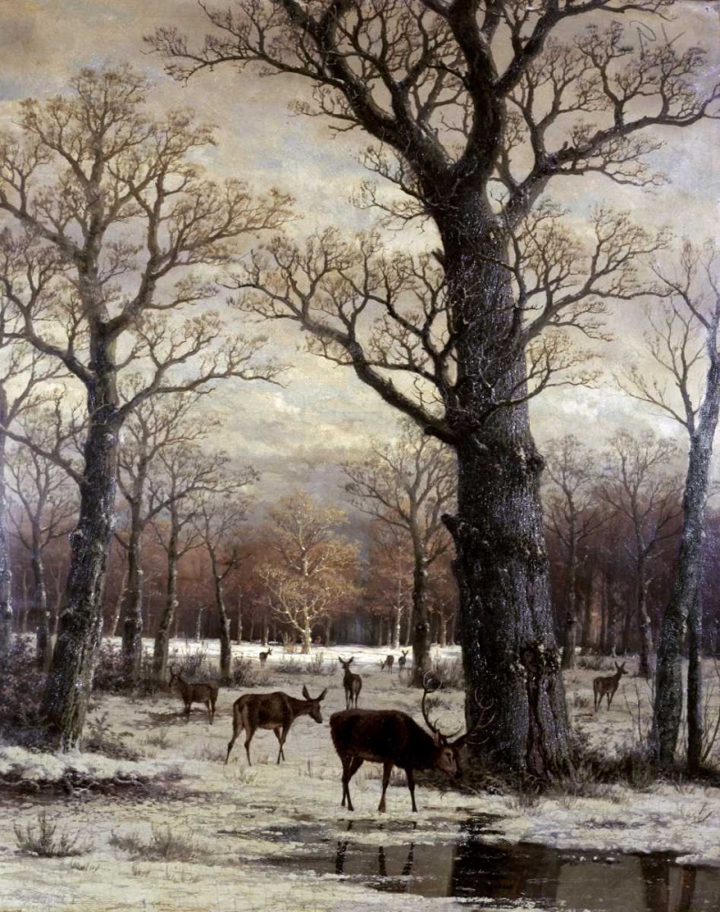 Wall Art Painting id:91716, Name: Deer Foraging, Winter, Artist: Unknown