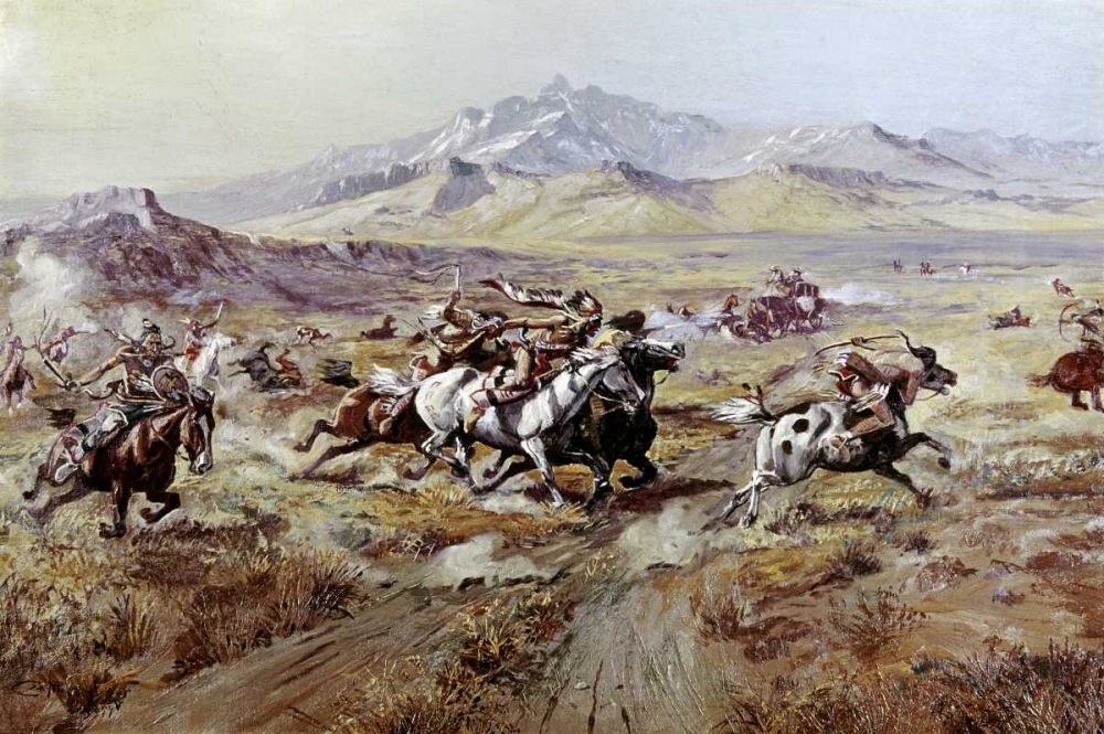 Wall Art Painting id:92111, Name: Stagecoach Attack, Artist: Russell, Charles M.