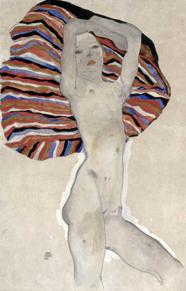 Wall Art Painting id:92115, Name: Madchenakt gegen farbiges Tuch, 1911, Artist: Schiele, Egon