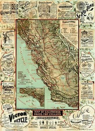 Wall Art Painting id:187049, Name: Map of California Roads for Cyclers, 1896, Artist: Blum, George W.