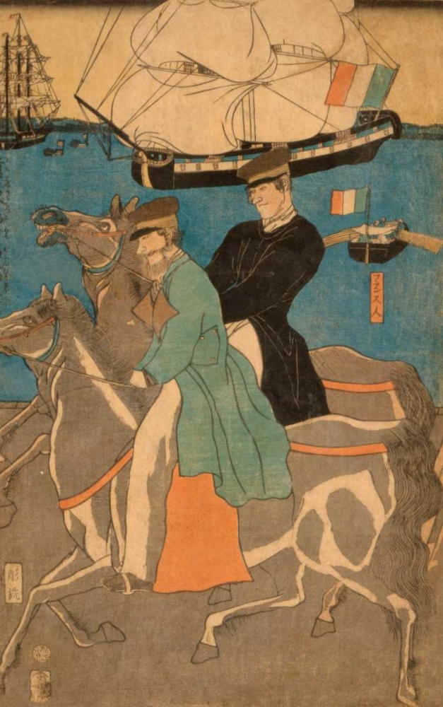 Wall Art Painting id:96548, Name: French men taking horse ride on Sunday in Yokohama (Yokohama kyujitsu Furansujin uma yuko), 1861, Artist: Utagawa, Sadahide