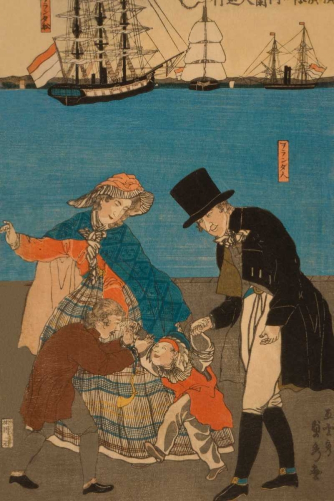Wall art: Dutch people taking a Sunday walk in Yokohama (Yokohama kyujitsu - Orandajin yuko), 1871, by Utagawa, Sadahide