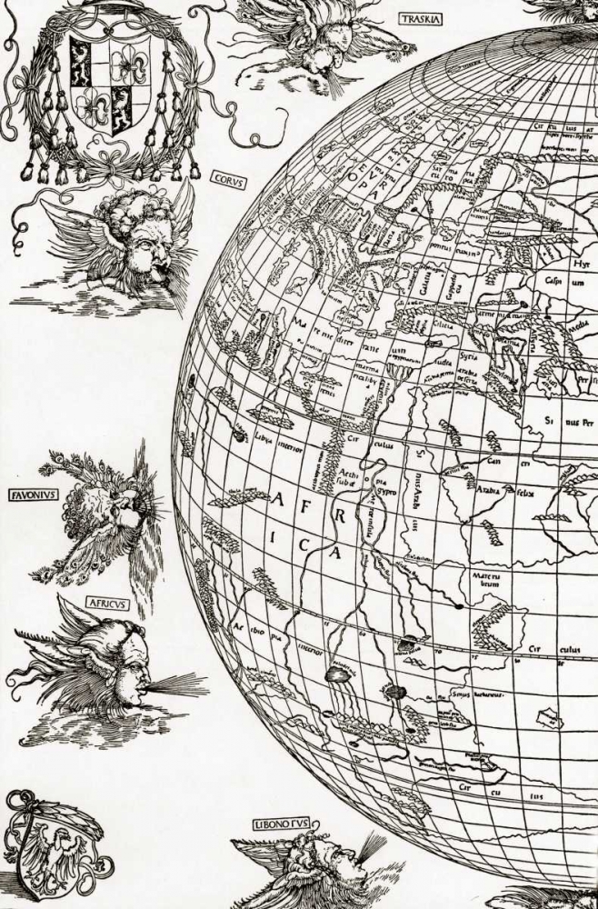 Wall Art Painting id:92476, Name: Eastern Hemisphere Of The Terrestial Globe, Artist: Durer, Albrecht