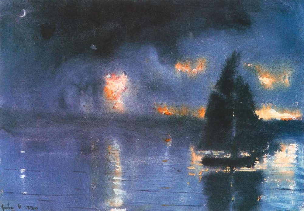 Wall art: Sailboat And Fourth Of July Fireworks, by Homer, Winslow