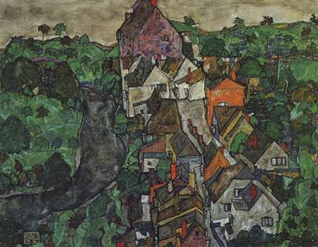 Wall Art Painting id:188095, Name: KMapsau Landscape Town And River 1916, Artist: Schiele, Egon