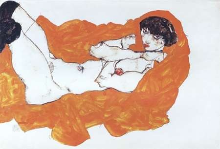 Wall art: Reclining Female Nude On Red Drape, by Schiele, Egon