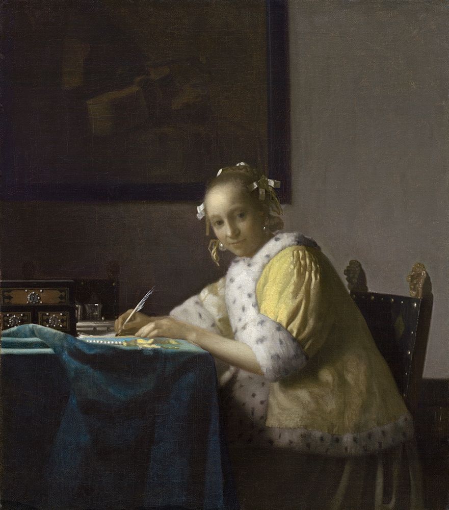 Wall Art Painting id:269997, Name: Writing Lady In Yellow Jacket, Artist: Vermeer, Johannes